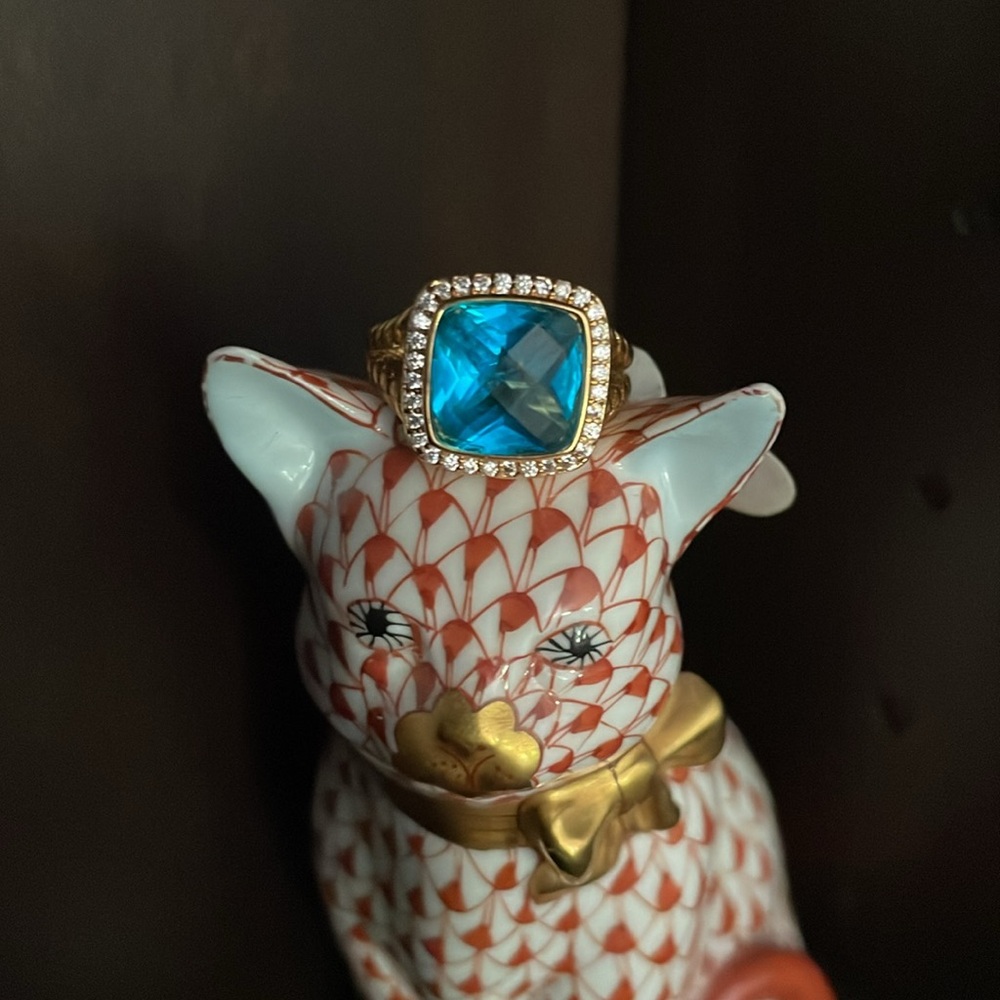 Gold blue topaz white stone halo split shank Albion style  ring cushion cut